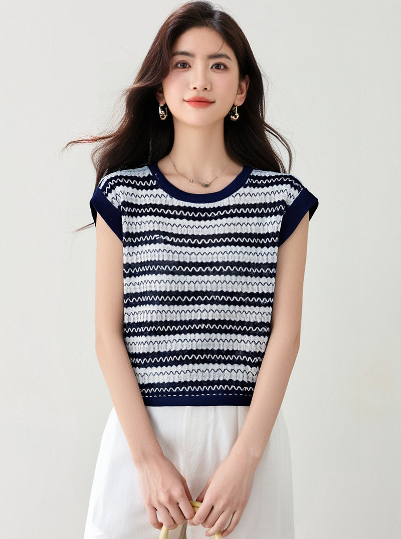 ストライプ半袖ニットトップ