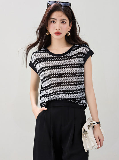 ストライプ半袖ニットトップ