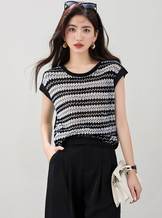 ストライプ半袖ニットトップ