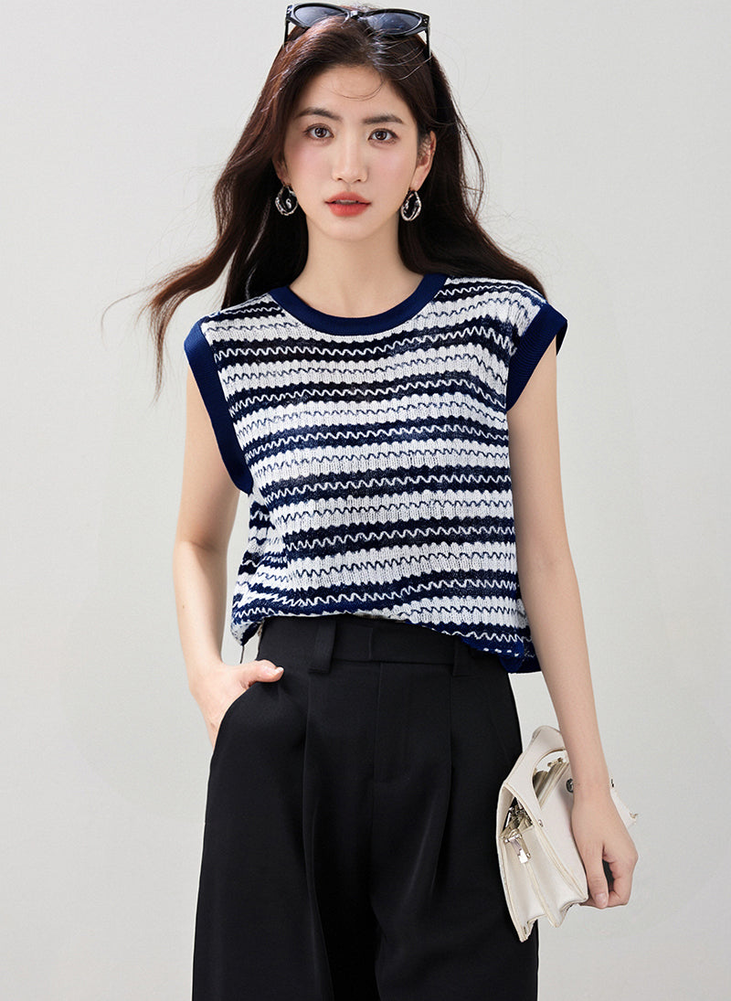 ストライプ半袖ニットトップ