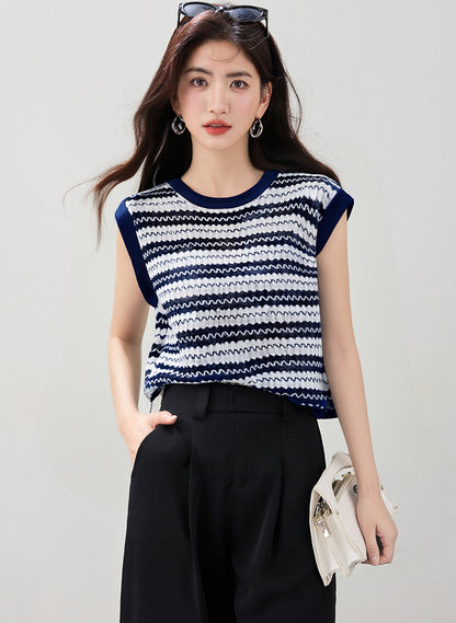 ストライプ半袖ニットトップ