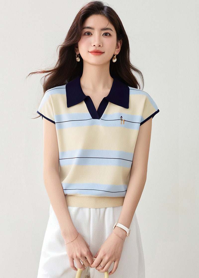 ストライプポロカラー半袖トップ