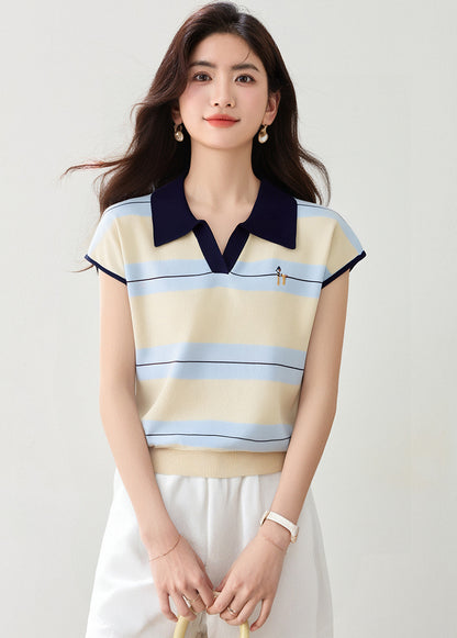 ストライプポロカラー半袖トップ