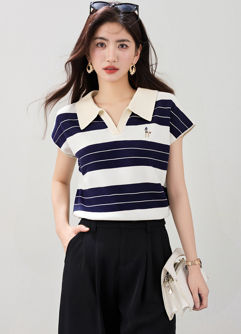 ストライプポロカラー半袖トップ