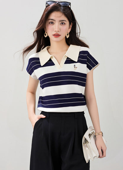 ストライプポロカラー半袖トップ
