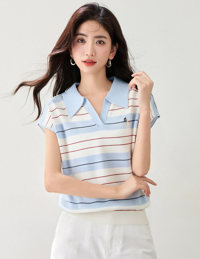 ストライプポロカラー半袖トップ