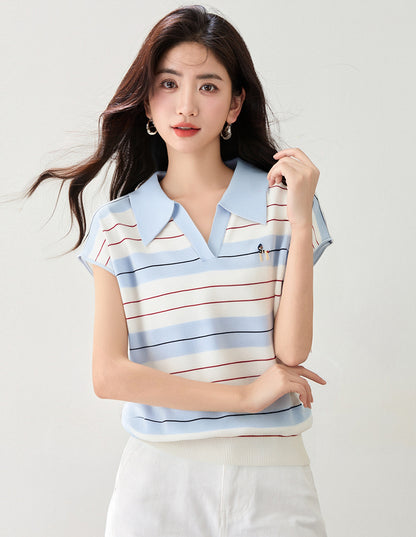 ストライプポロカラー半袖トップ