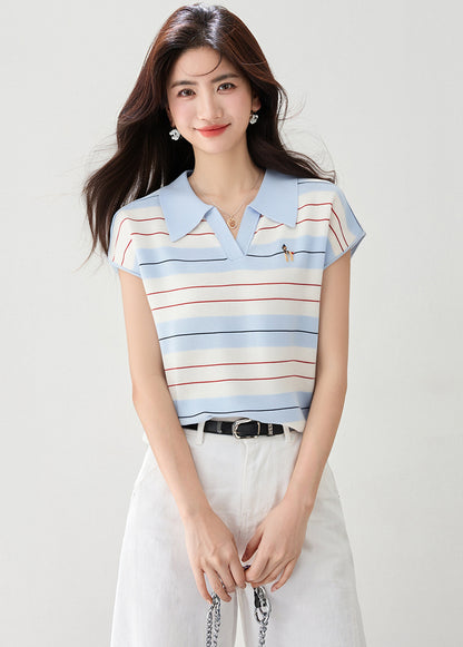 ストライプポロカラー半袖トップ