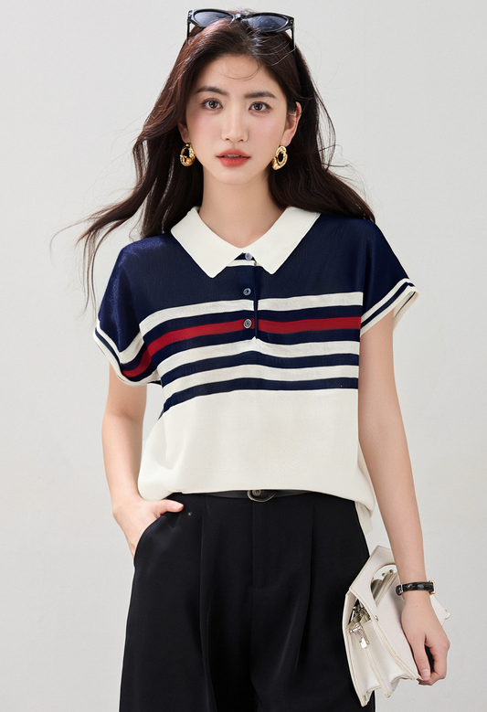 ルーズストライプポロネックトップ