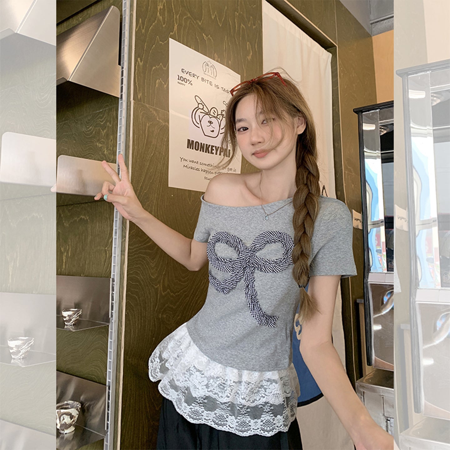 韓国グレー立体リボン半袖Tシャツ