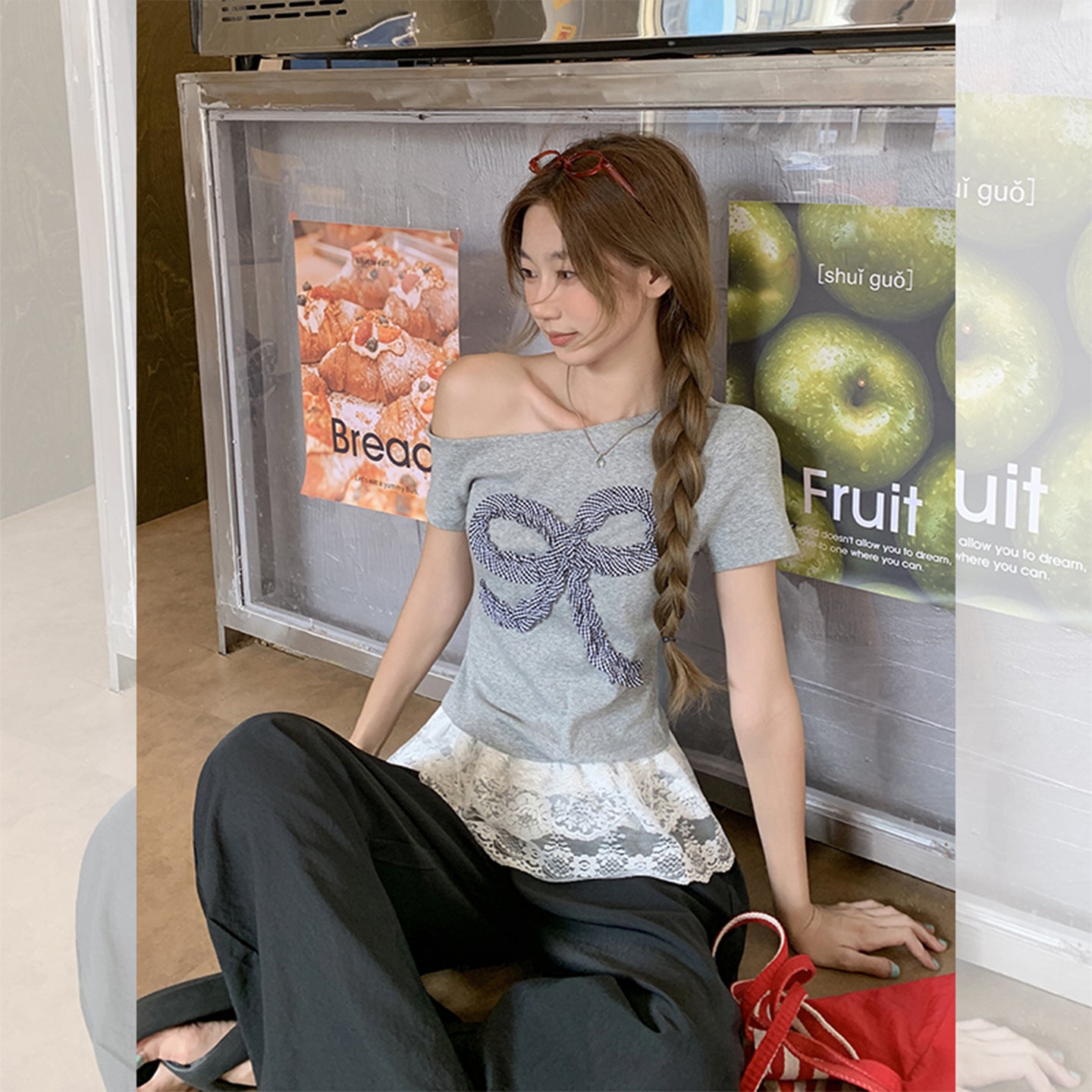 韓国グレー立体リボン半袖Tシャツ