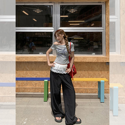 韓国グレー立体リボン半袖Tシャツ