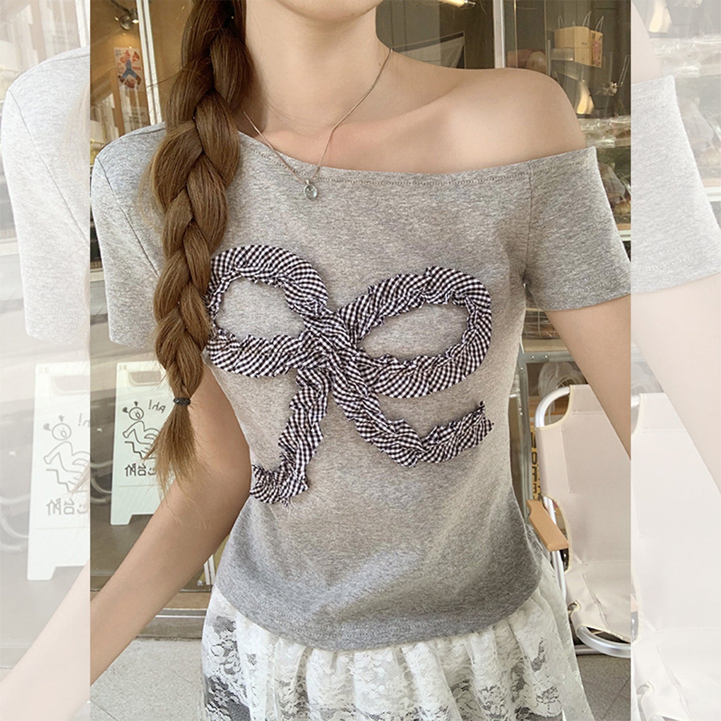 韓国グレー立体リボン半袖Tシャツ