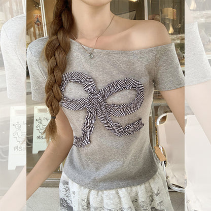 韓国グレー立体リボン半袖Tシャツ
