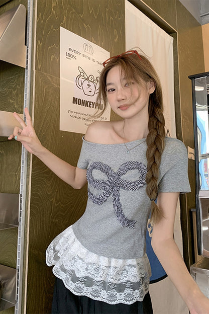 韓国グレー立体リボン半袖Tシャツ