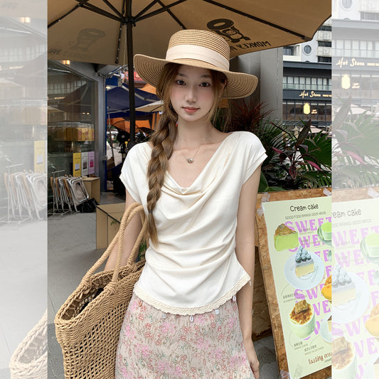 パッチワーク斜め襟半袖Tシャツ